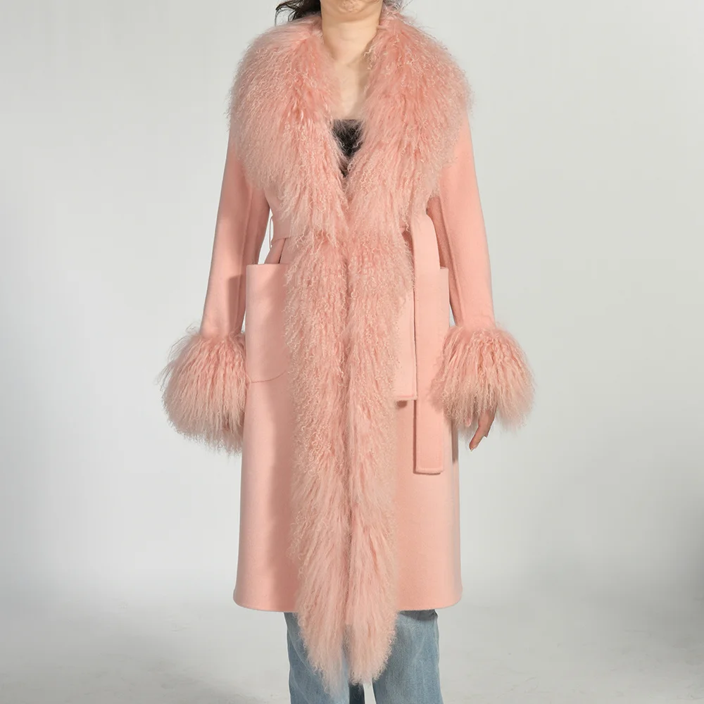 Jaxmonoy Women Cashmere Coat With Mongolian Sheep Fur Coat Trim Autumn Winter Long Style Woolen Jacket Ladies Fashion Warm Coats