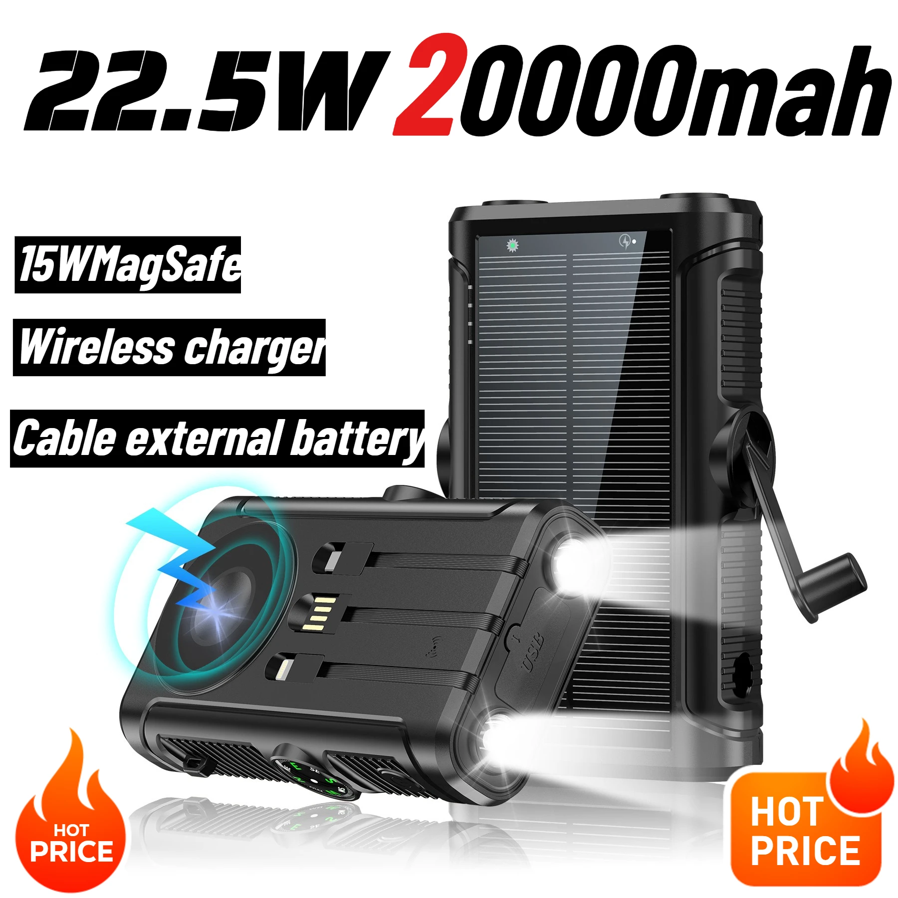 2025 NIEUWE Zonne-energie Bank 20000 mAh 22,5 W Magnetische Draadloze Powerbank Handslinger met Kabel Draagbare Oplader voor Outdoor Camping - afbeelding 2