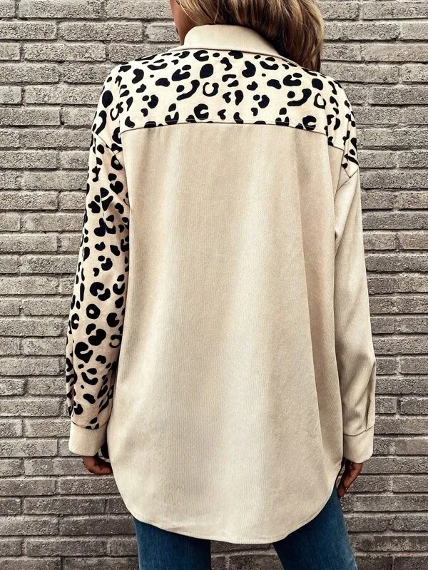 Leopard Print Color Block Jacket, Versatile Long Sleeve Single Breasted Outwear For Fall, Women's Clothing