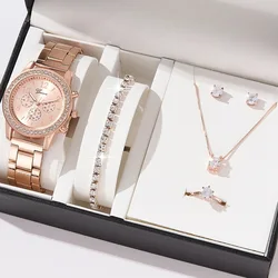 6PCS Set Rose Gold Luxury Watch Women Ring Necklace Earring Rhinestone Fashion Wristwatch Casual Ladies Bracelet Watches