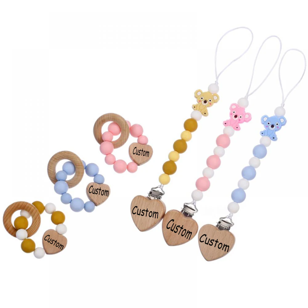 Custom Name Wooden Personalized Baby Pacifier Chain Silicone Beads Dummy Nipple Holder Guard Teether Pendant Baby Gifts Stuff