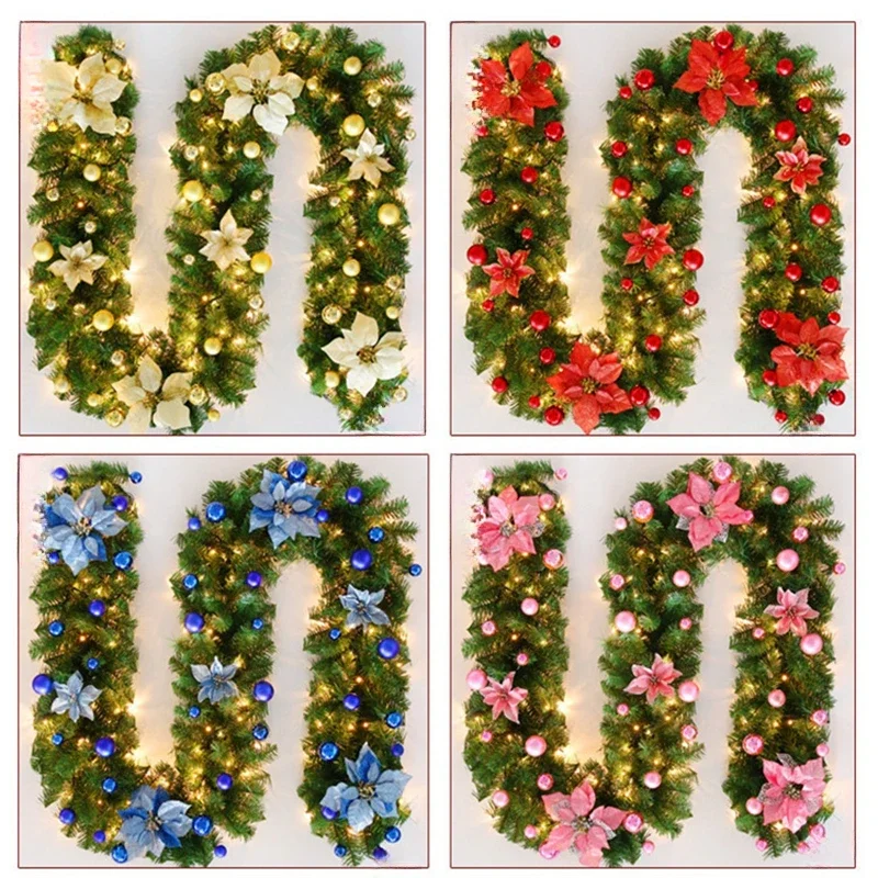 8.8ft Christmas Rattan Artificial Flower Vine Plants Indoor Outdoor Garden Gate Home Decorations, Christmas Garland with LED