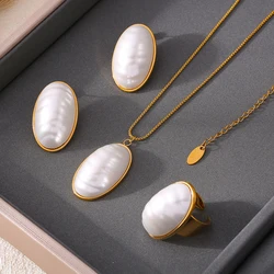 Exaggerate Big Fritillaria Necklace Earrings Ring Set for Women Stainless Steel Gold Plated Chain Luxury Charm Banquet Jewelry