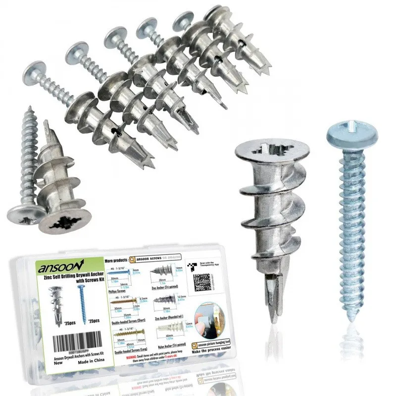 50PCS Self-drilling wall anchor kit with screws, heavy-duty metal, and self-tapping hand-operated.