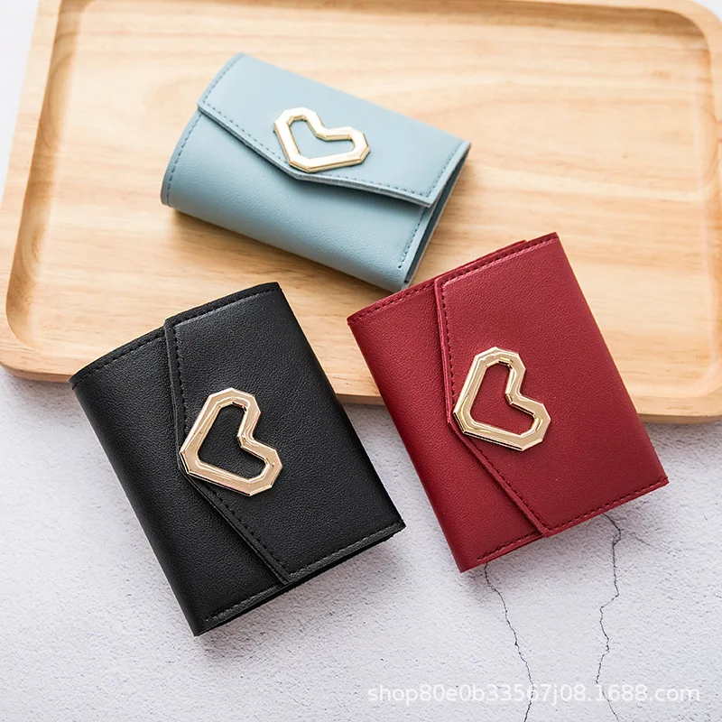 Women PU Leather Short Wallet Fashion Heart Dark Buckle Tri-fold Coin Purse Card Bag Multi-card Position Large Capacity Purse