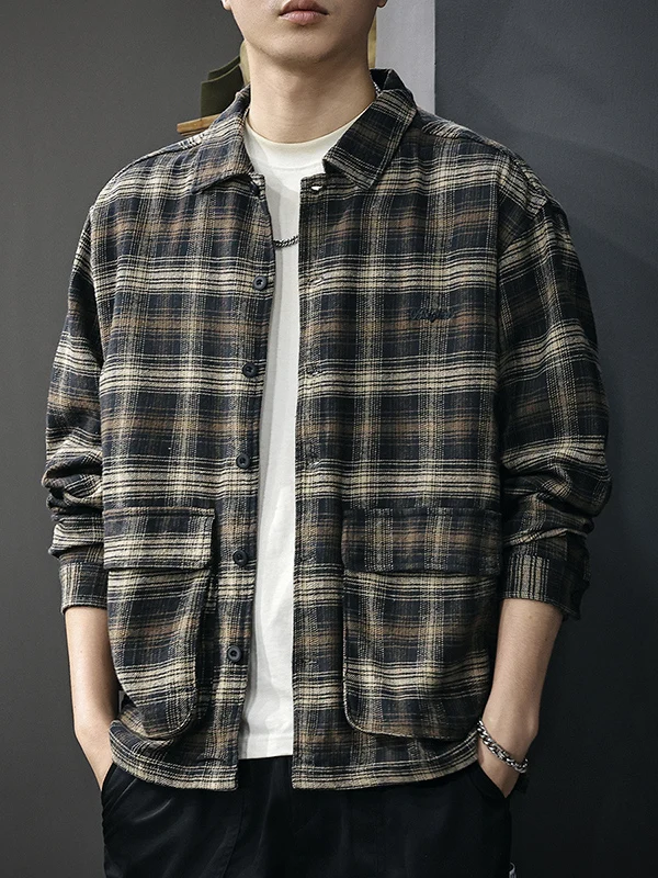 

American Sle Plaid Long Sve Cotton irt Loose Casual Loose Fit Color Blo Collar irt for Men Autumn New Arrival