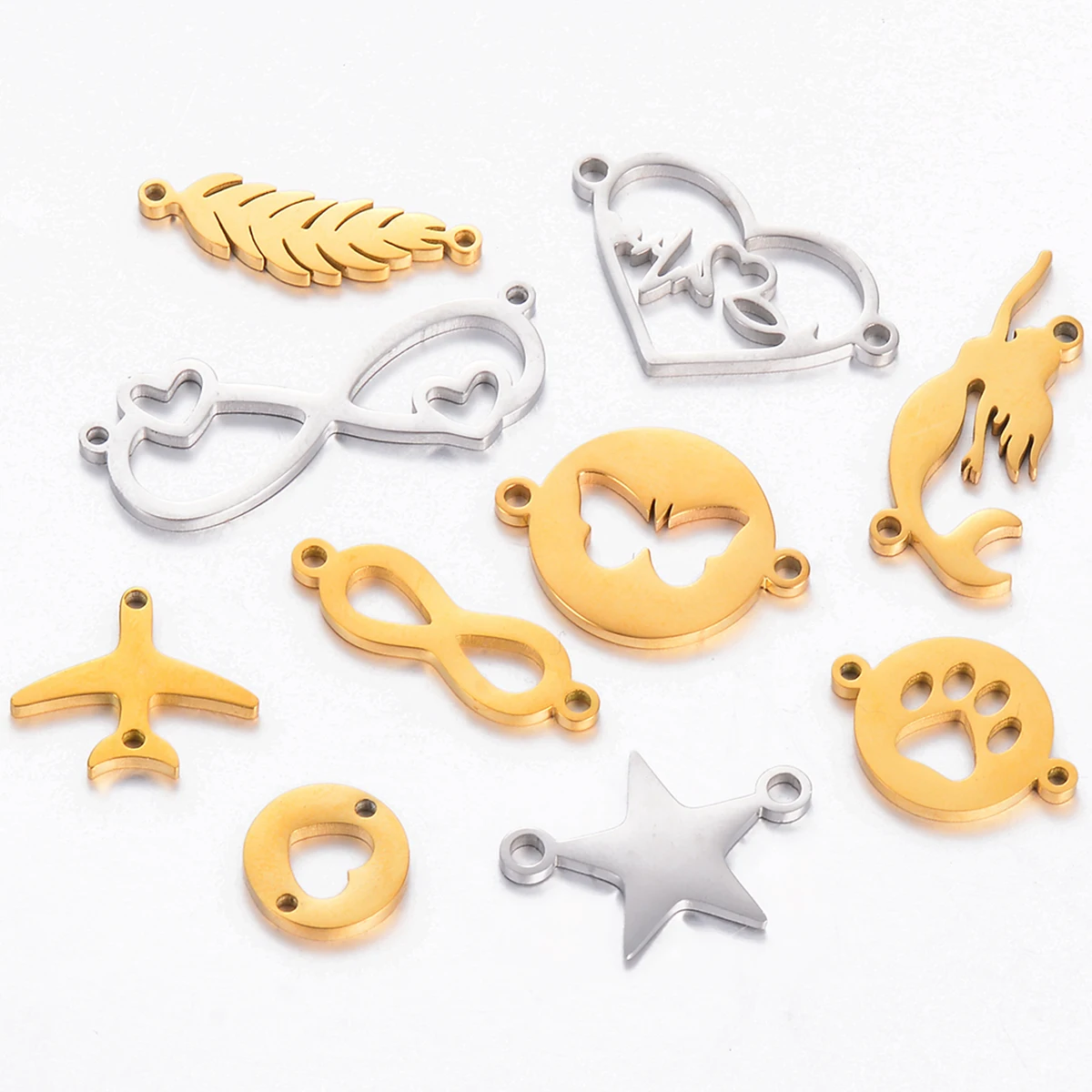 10pcs Stainless Steel Love Heart Mermaid Pentagram Dog Paw Double Hole Pendant for Bracelet Jewelry Making Accessories Supplies