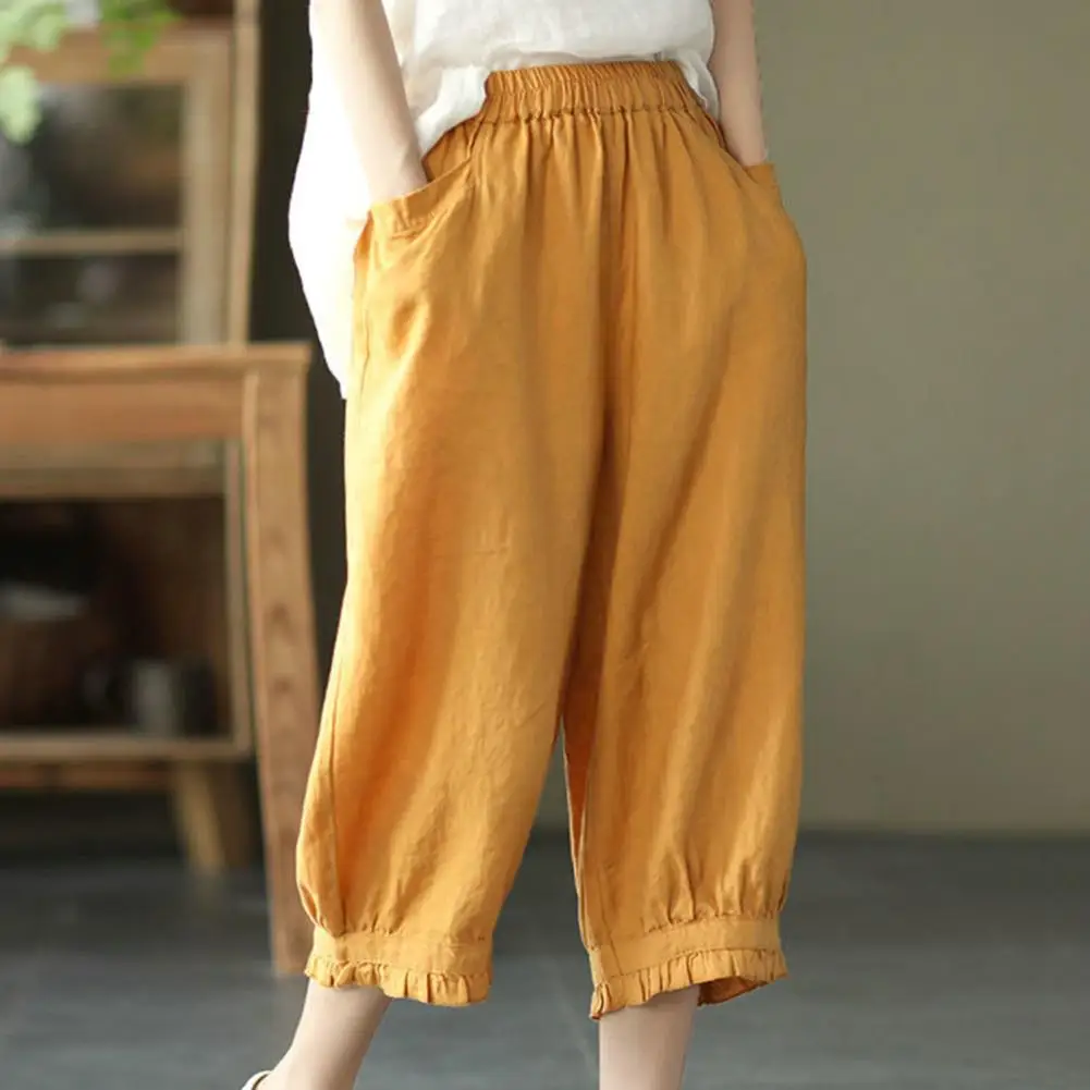 Calça harém feminina com bolsos elásticos na cintura, comprimento médio da panturrilha, macia, monocromática, casual, elegante, verão