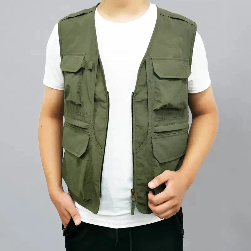 Casual vest men's loose large size spring and autumn multi pocket three-dimensional bag solid color sleeveless outdoor quick dry