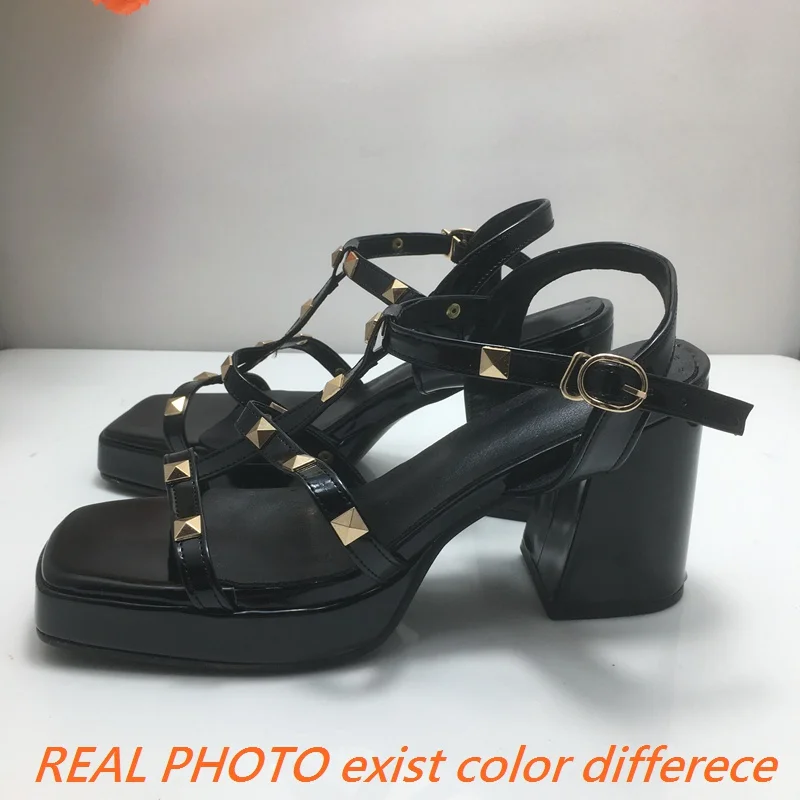 ORCHA LISA Women Sandals Square Toe Chunky Heel 10cm Platform 3cm Rivets Buckle T-strap Concise Daily Shoes For Lady Big Size 43