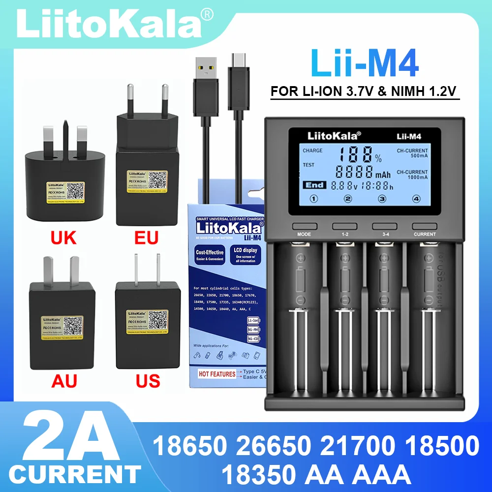 LiitoKala Lii-M4 Lii-M4S 5V EU AU UK US Plug Battery Charger For 3.7V 18650 26650 21700 14500 18350 17500 1.2V AA AAA A C