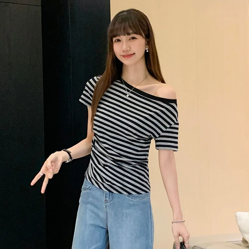

Actual price # Asymmetric Shoulder Short Sleeve T-Shirt for Women, Summer New Style, Waist-Cinching Off-Shoulder Top, American S