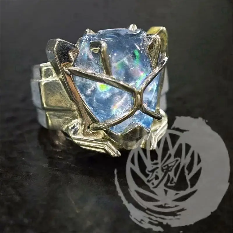 Sci-Fi Style Blue Opal Statement Ring Silver Tone Geometric Crystal Ring Punk Futuristic Jewelry for Men & Women