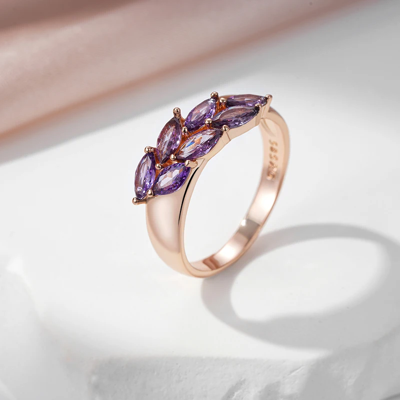 SYOUJYO Fine 585 Gold Color Rings For Women Purple Leaf Natural Zircon Trendy Jewelry Luxury Rings