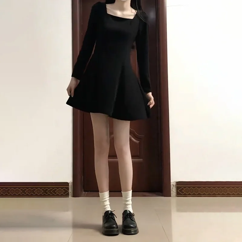 Black Square Collar Long Sleeve Dress Autumn Clothes Women2024New High-Grade Small Skirt