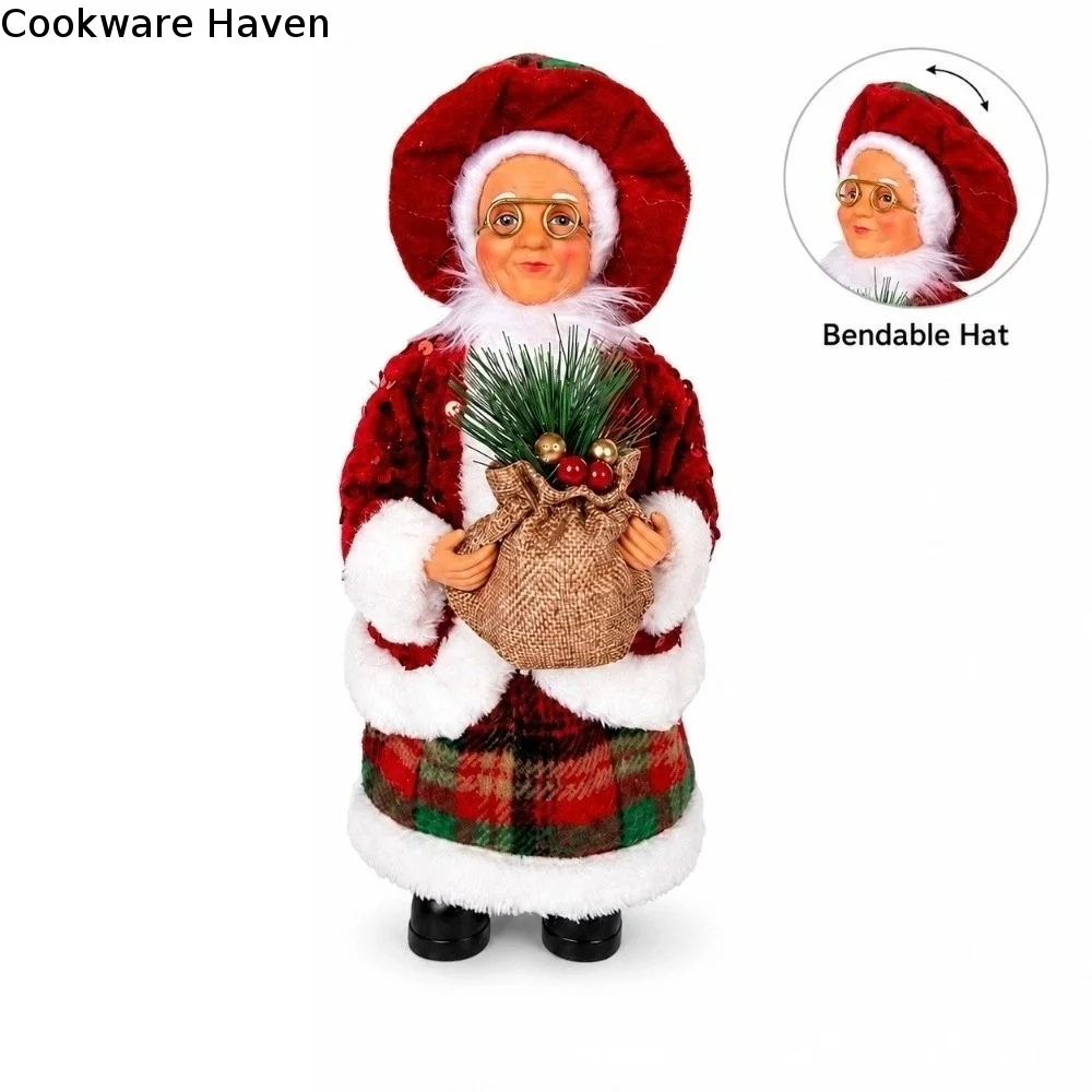 Standing & Sitting Mrs. Claus Christmas Statue Pine Berry Felt Xmas Figurine Faux Wool Red Plaid Sequin Ornament Tabletop