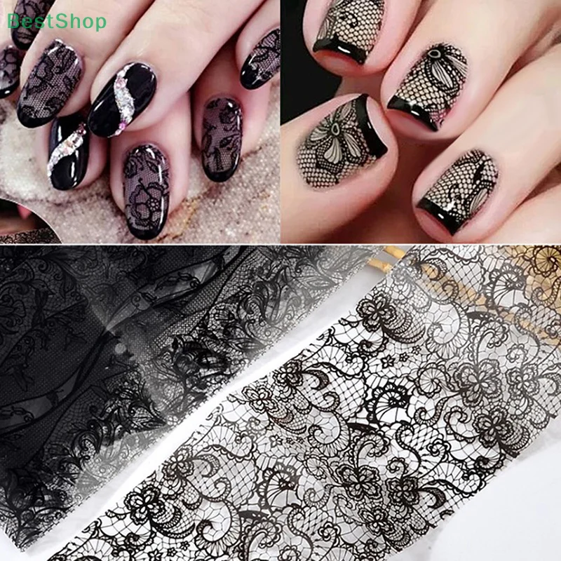 10 Stücke Weiß Schwarz Spitze Nail art Folien Set Top Floral CharmNail Transfer Aufkleber Papier DIY Maniküre Nagel Dekoration Zubehör
