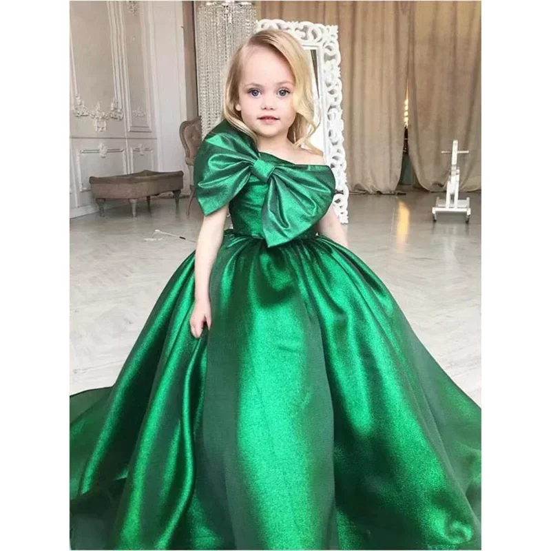 

Green Flower Girl Dress with Long Train A-LINE Floor-Length Princess Pageant Dress for Wedding Bridesmaid First Communion