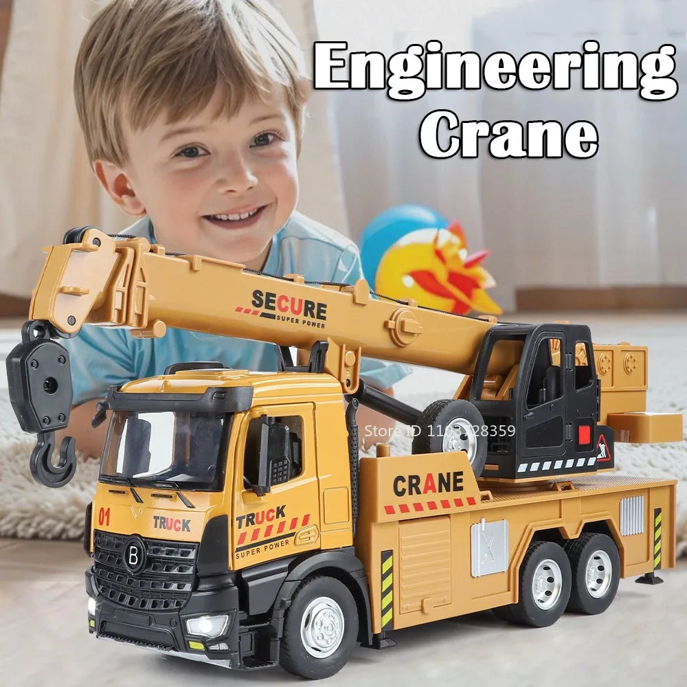 

1:24 Crane Mixer Truck Toy Models Metal Diecast Simulation Engineering Vehicles Sound Light Doors Opened Pull Back for Kid Gifts