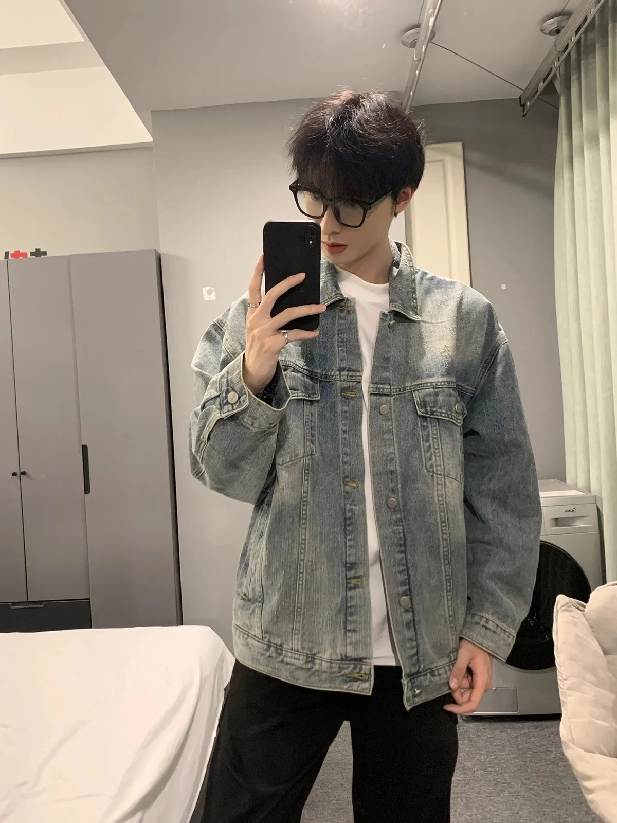 

Ретро-джинсовая куртка в американском стиле для мужчин, весна-осень, уличный стиль, с длинными рукавами, отложным воротником, повседневная верхняя одежда