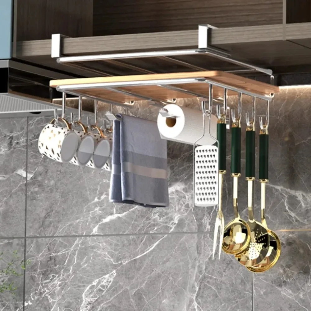 1PC Stainless Steel Hanging Kitchen Storage Rack with Hooks Paper Towel and Utensils Holder Cutting Board Storage Shelf