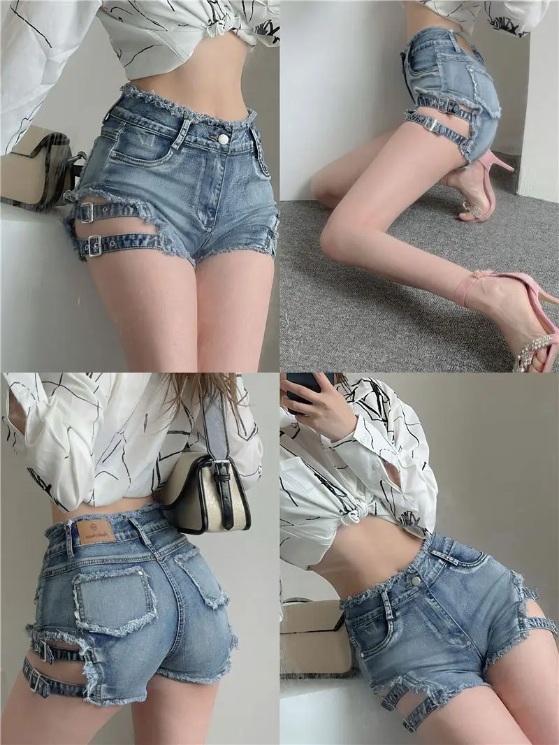 Amerikaanse sexy pure lust stijl hottie denim shorts voor dames zomer nieuwe elastische strakke holle ontwerp broek trendy