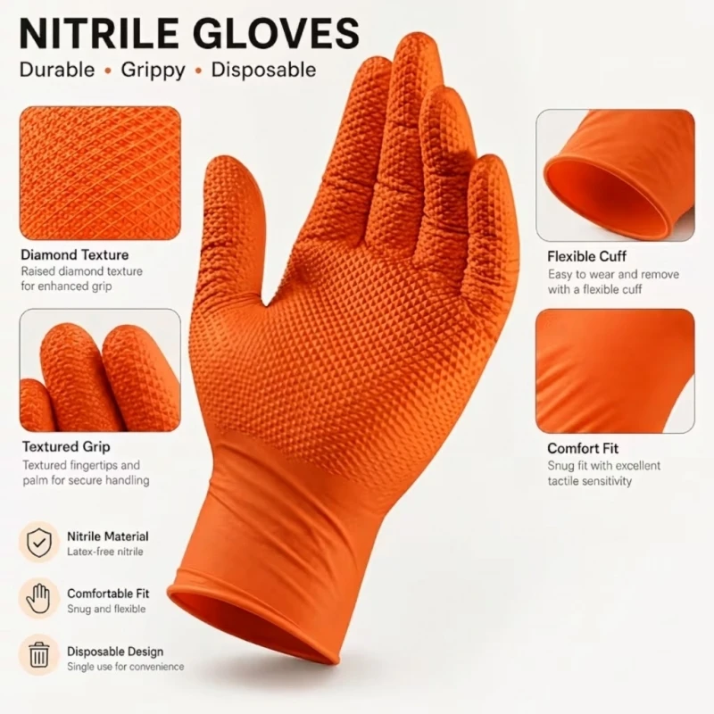 Diamond Orange Nitrile Disposable Gloves 8Mil Heavy Duty Safety Work Gloves with Textured Grip for Men Construction Auto Garden