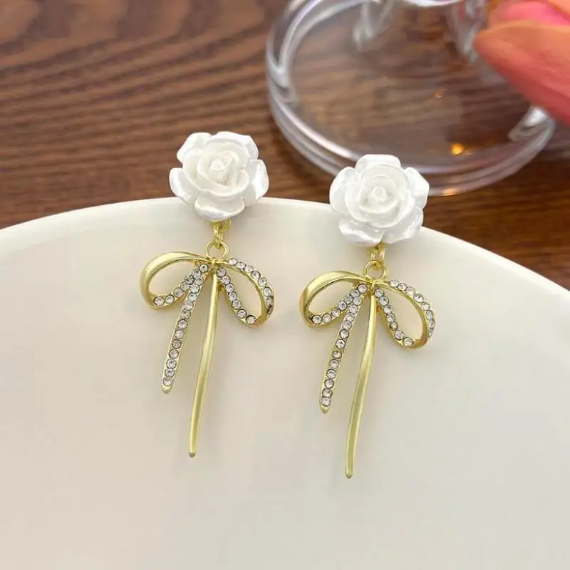 925 Silver Needle Korean Fashion Camellia Flower Earrings For Women Jewelry 2026 Trending New Women\'s Crystal Bow Drop Earrings