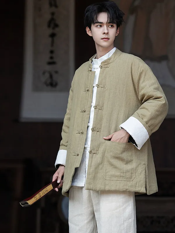 

Thiened Cotton Padded Jaet Chinese Sle Men's Winter Coat Hanfu Retro Clothing Linen Cotton Outerwear Zhongan Suit