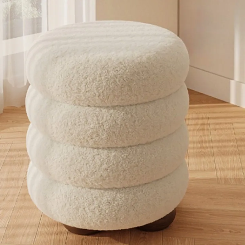 Sherpa Round Vanity Stool, Light Luxury Cream Style Simple Plush Stool for Makeup Table, Your Home Bedroom Dressing