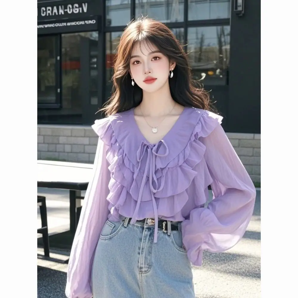 

Minimalist Commuter Women's Solid Color Ruffle Splicing Shirt New Fashionable and Elegant V-neck Long Sleeve Shirt Autumn Women