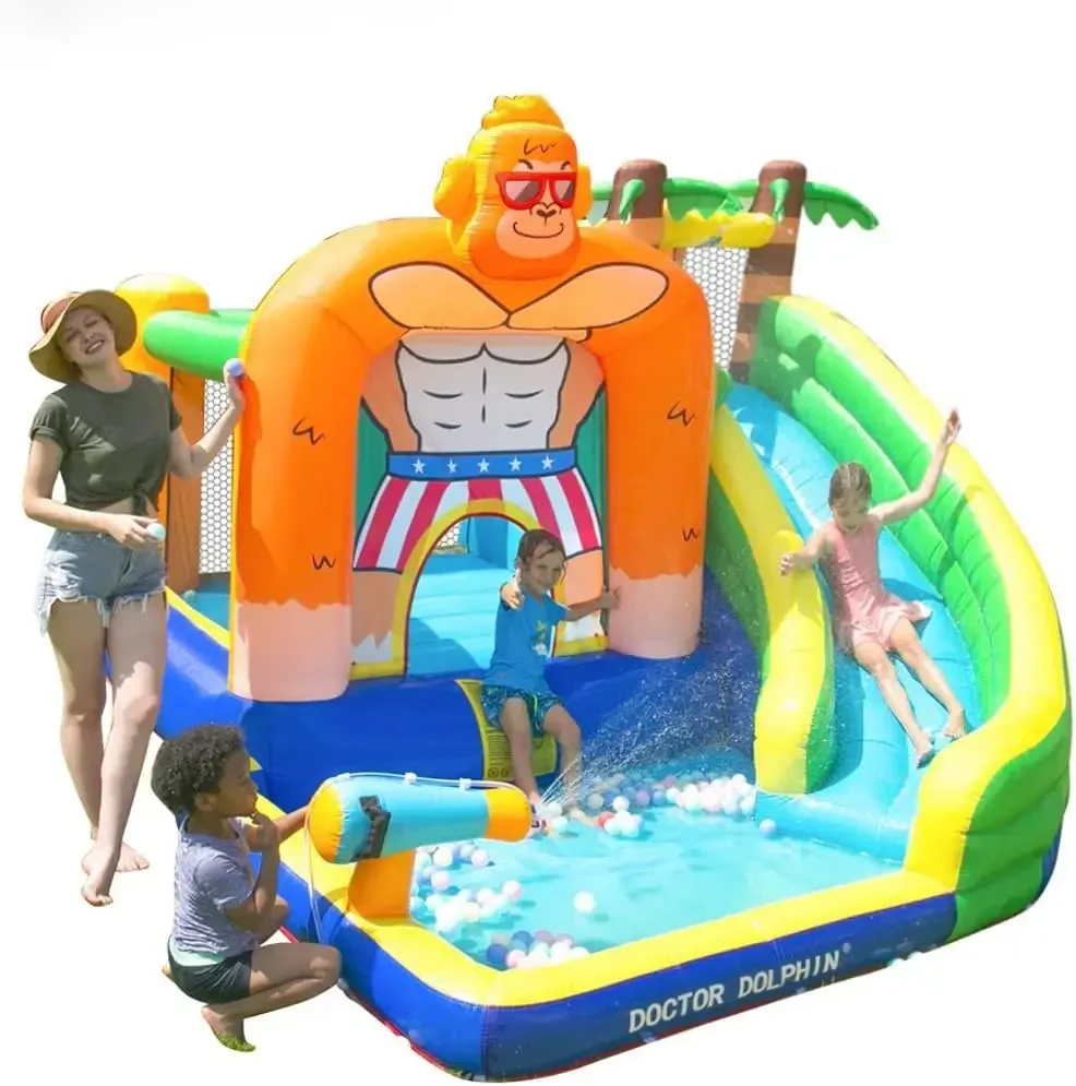 Dolphin Inflatable Water Slide for Kids Water Park Bounce House with Splash Pool & Long Slide Blower Kids King Kong Theme