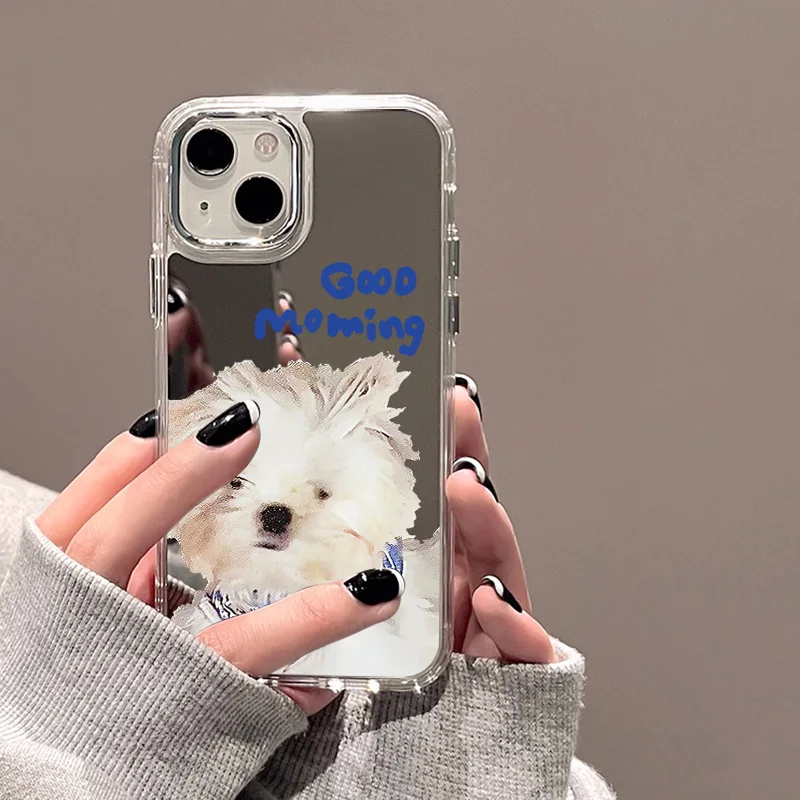 Bonito cão espelho caso de telefone para iphone 11 caso iphone 16 pro 13 15 12 14 pro max xr x xs à prova de choque pára-choques silicone capa macia