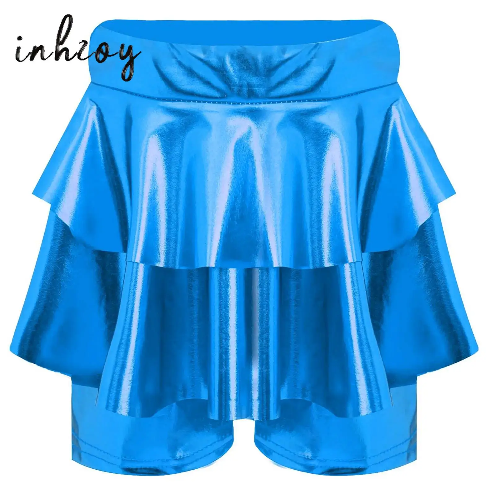 

Kids Girls Metallic Skirted Shorts High Waist Elastic Waist Tiered Culotte for Jazz Ballet Dance Cheerleading Performance Wear