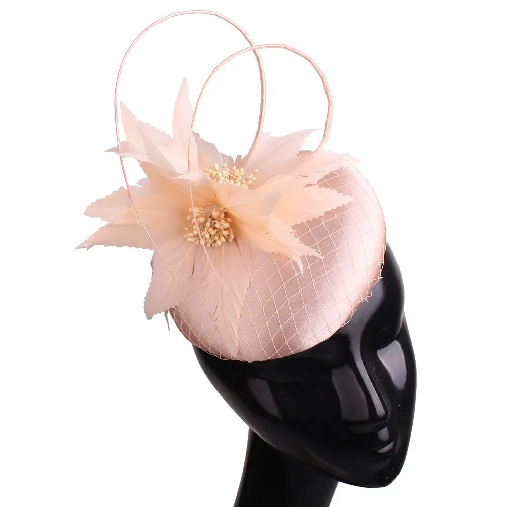 

Charming Wedding Feather Flower Headpiece Headband Nice Satin Fashion Fascinator Hat With Elegant Women Wedding Chapeau Caps