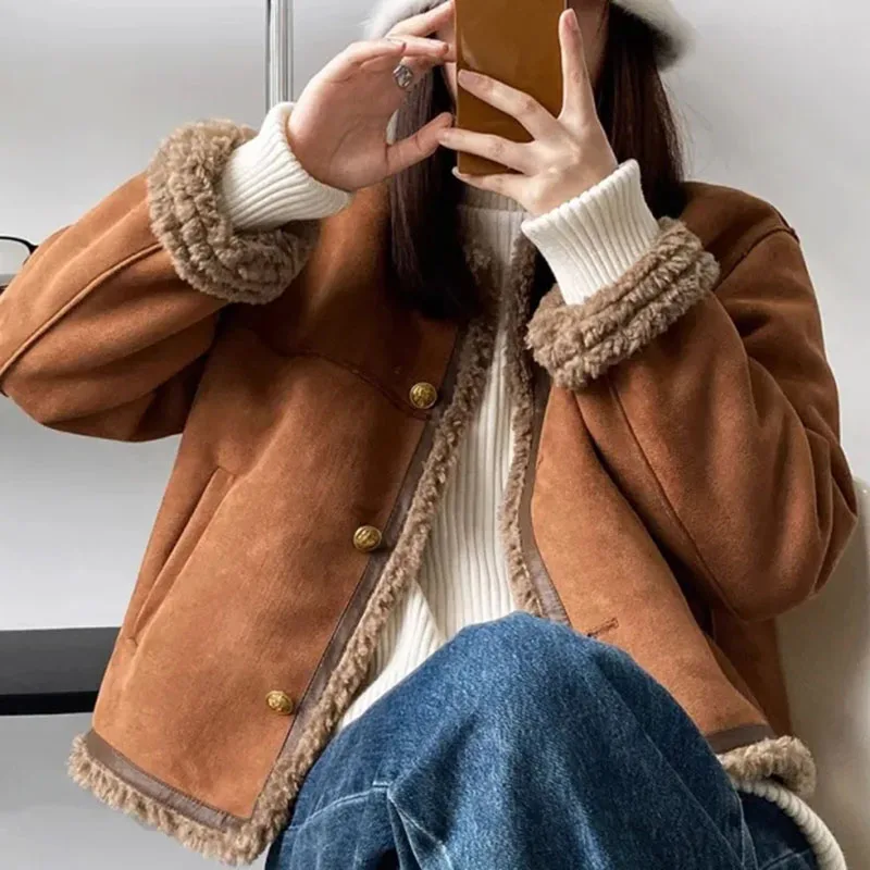 Suede Lamb Fur Short Jacket Women Vintage Autumn Winter Padded Thickened Long Sleeve Outwear Camel Fashion Patchwork Coats