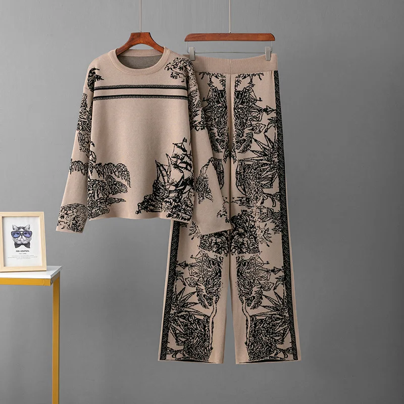 Fashion Women\'s Set Spring and Autumn New Ink Painting Long Sleeve Hoodie Sweater Loose Wide Leg Pants Knitted Two Piece Set