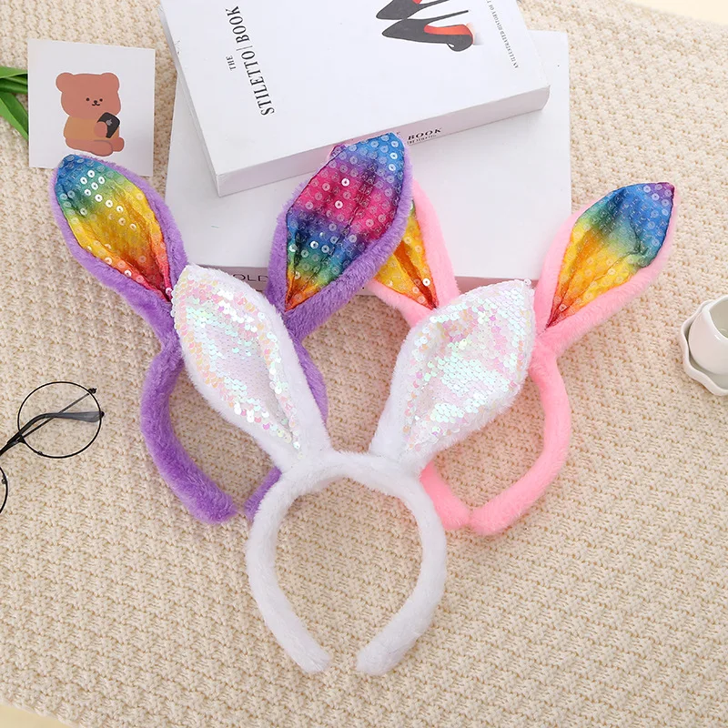 Easter Sequin Rabbit Ear Headbands Plush Hair Hoop Women Girls Hairband Easter Cosplay Costum Party Headdress Photo Props