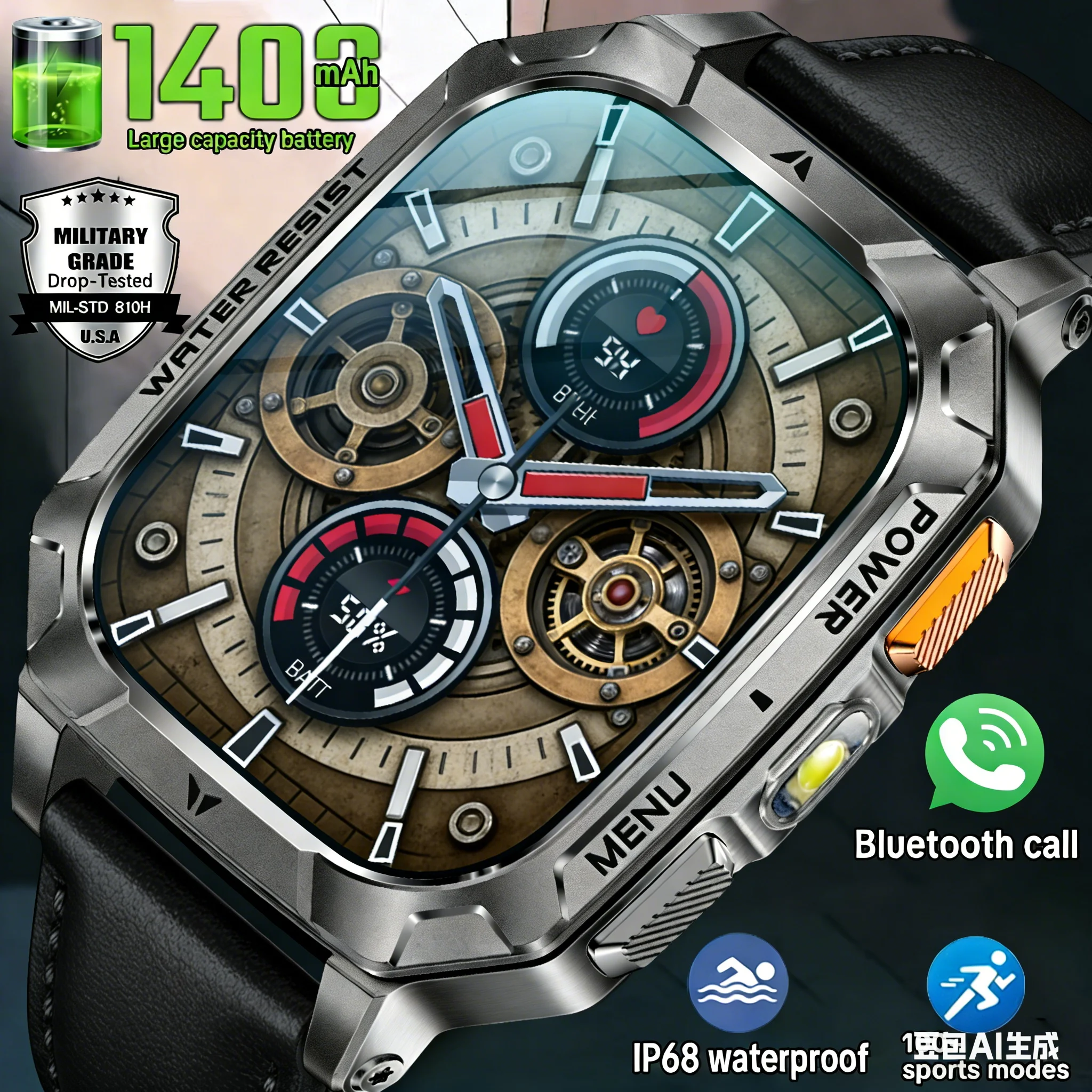 

2026 New Military Grade 1400mAh Battery High-end Men Smart Watch IP68 Waterproof 100+Sports Trackers Bluetooth Call Smartwatch
