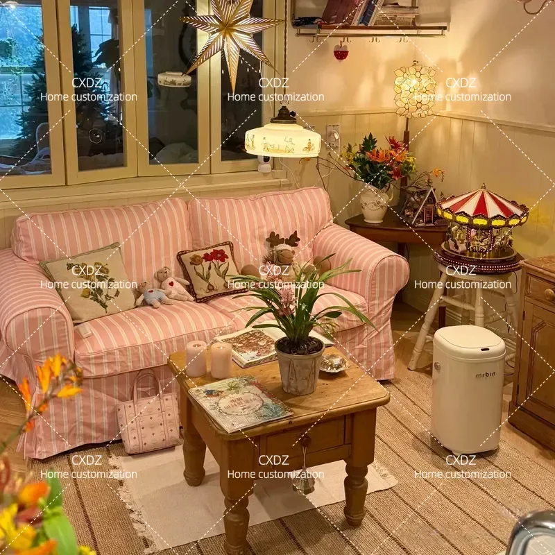 Akto Pink Striped Fabric Sofa Fully Disassemblable Washable French Retro Pastoral Style 2025 New Apartment Living Room