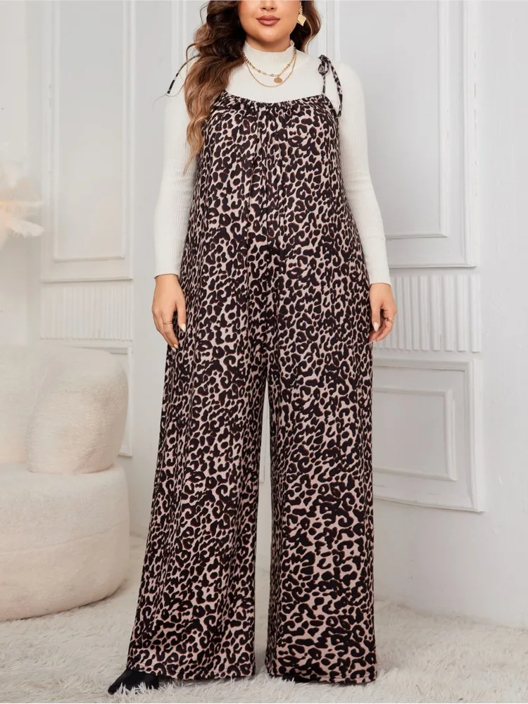 Plus Size Leopard Print Sleeveless Wide Leg Jumpsuit Women Loose Pleated Fashion Ladies Jumpsuits Casual Woman Overalls Pants