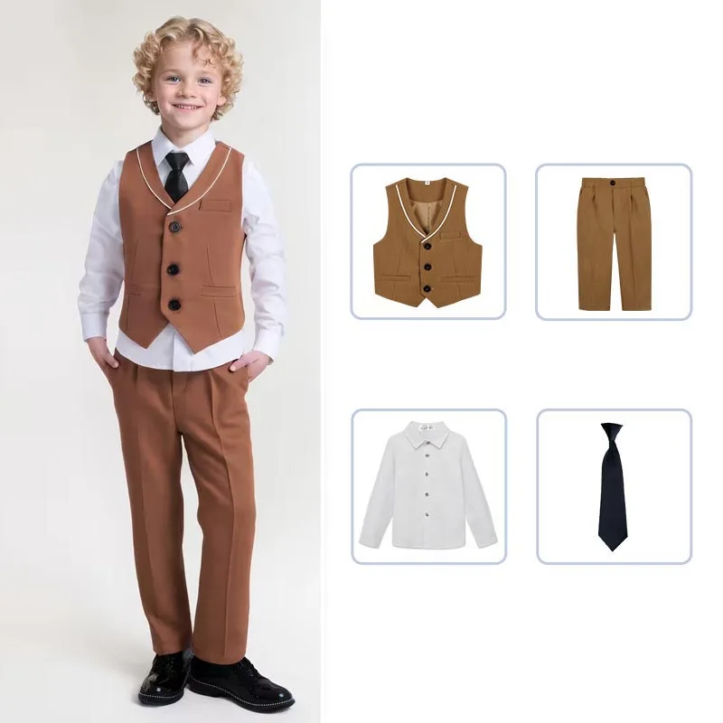 Teenager Kids Spring Coffee Vest Shirt Pants TIE Photography Suit Boys Wedding Dress Children Ceremony School UNIFROM Costume