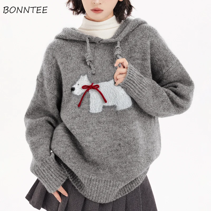 Hooded Pullovers Dog Printing Knitted Sweaters Autumn Winter Warm Tender Loose Casual Slouchy Designed Korean Style Fashion New