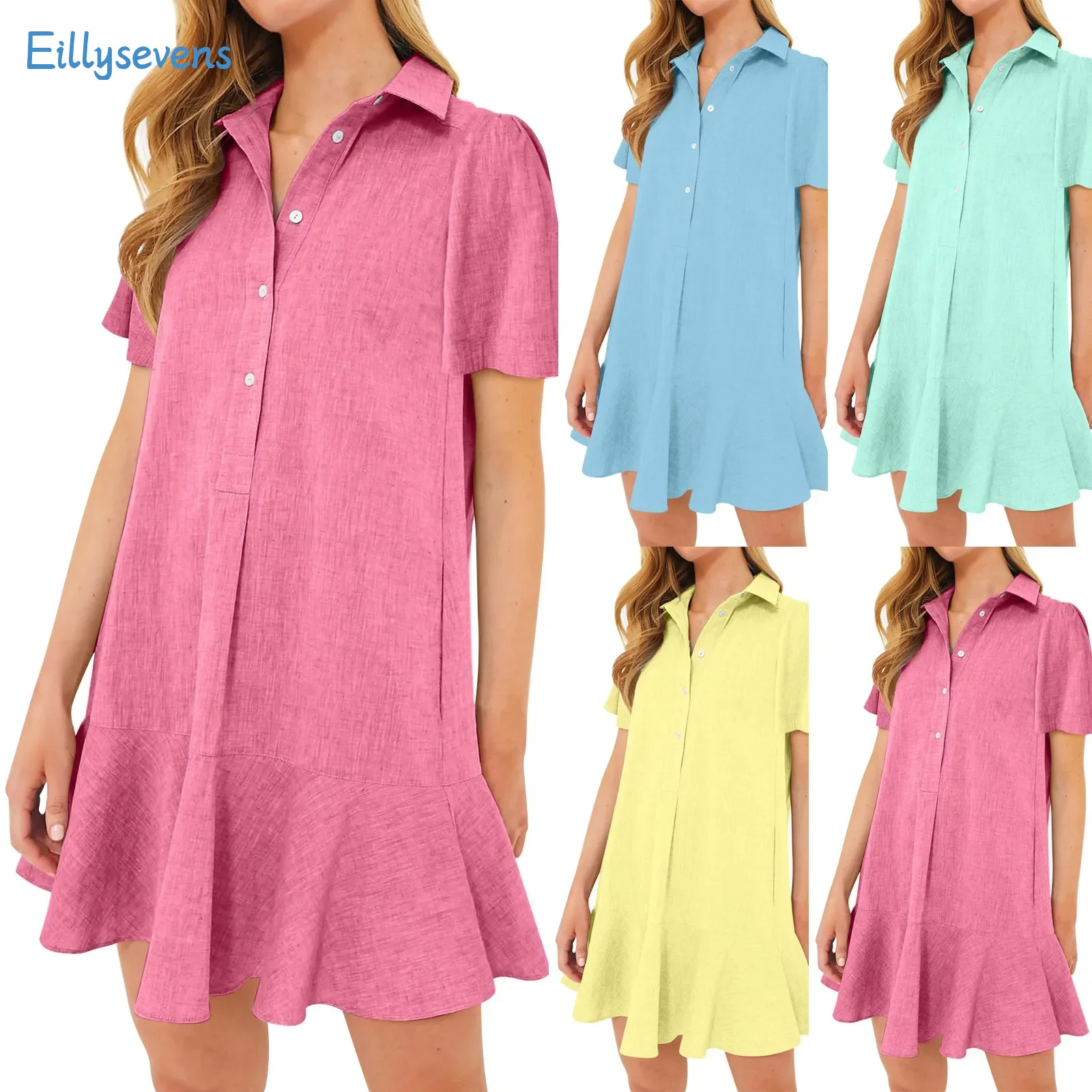 Vestidos de manga corta para mujer, moda informal, camisa semiabierta, solapa, dobladillo con volantes, Vestido ligero clásico, vestido liso Simple