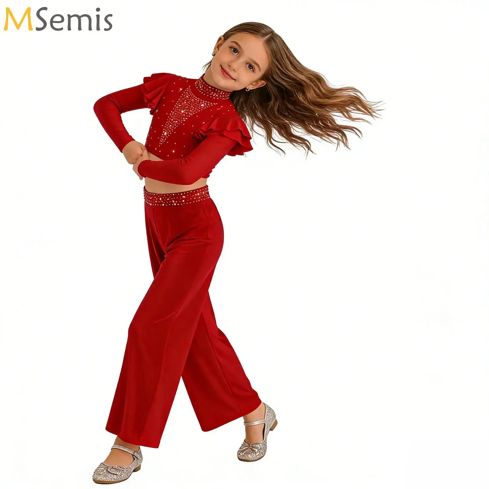 

Kids Girls Ballet Lyrical Dance Performance Costume Shiny Crop Tops+Pants Dancewear Suit for Modern Figure Skating Gymnastics