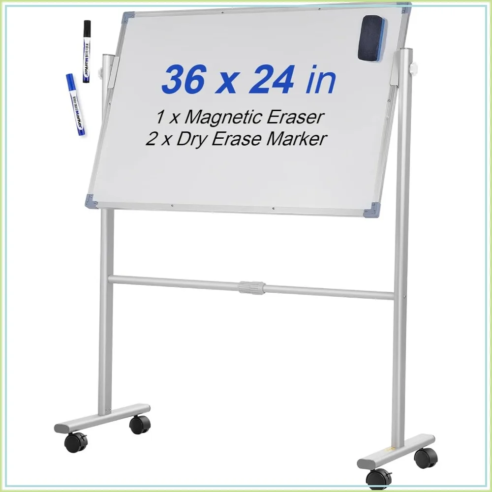 36x24 Double Sided Rolling Whiteboard, 360° Rotating, Height Adjustable, Magnetic Dry Erase Board with Lockable Wheels for Office School Home