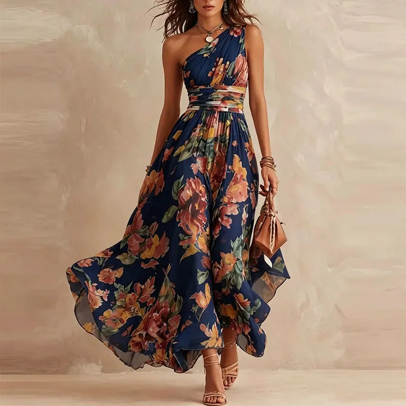 2026 Elegant One Shoulder Sleeveless Dress Digital Print Summer Boho Dresses Asymmetrical Shoulder Print High Waist Long Dresses