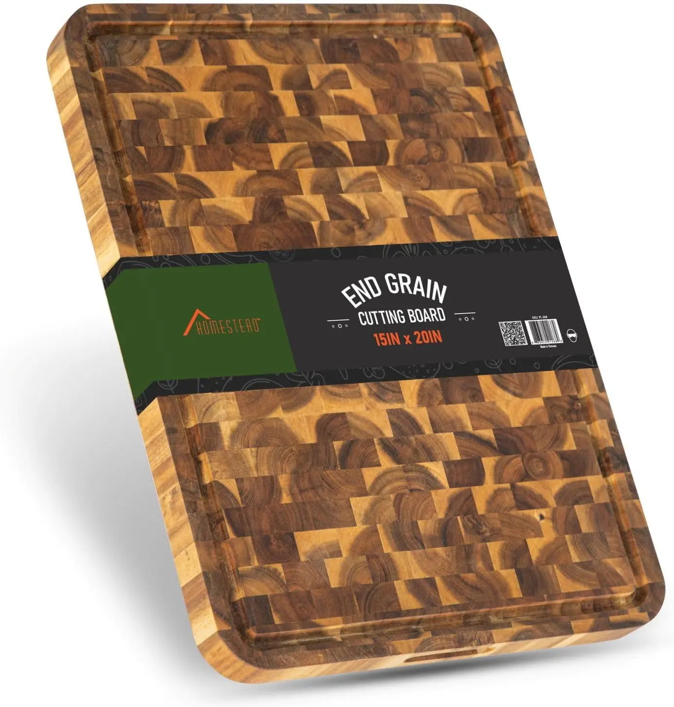 

Large Acacia Wood Cutting Board with Juice Groove & Handles - End Grain Butcher Block for Meat, Vegetables, Serving