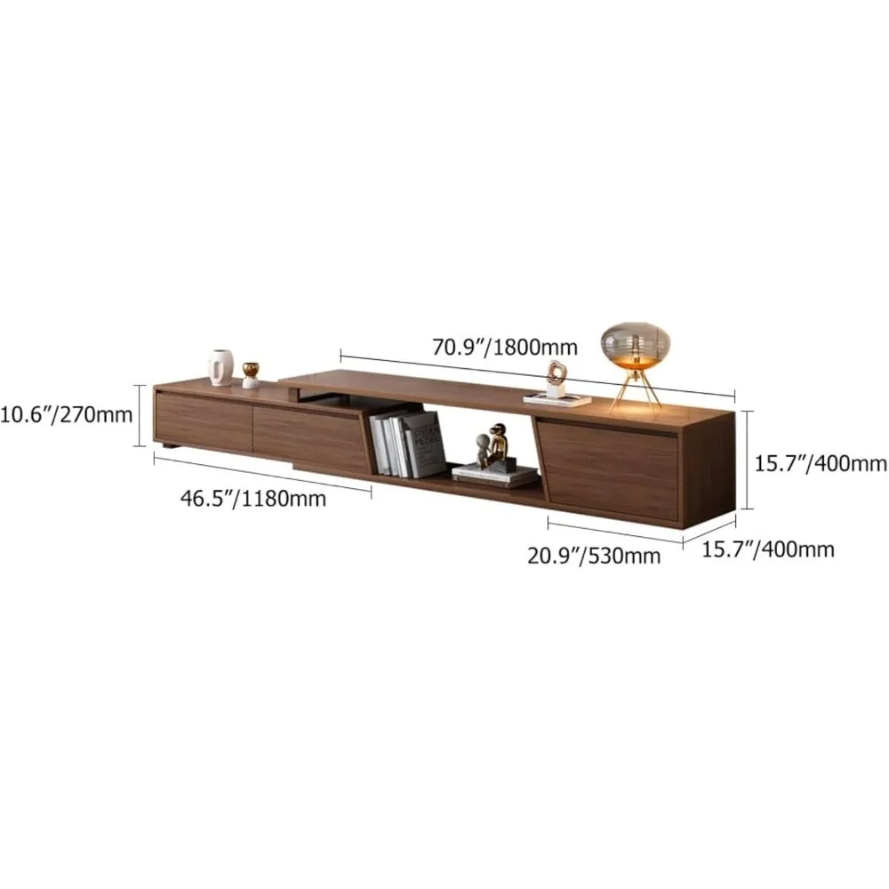 Extendable TV Stand with 3 Drawers Minimalist Rectangle Entertainment Center Walnut TV Console Table Up