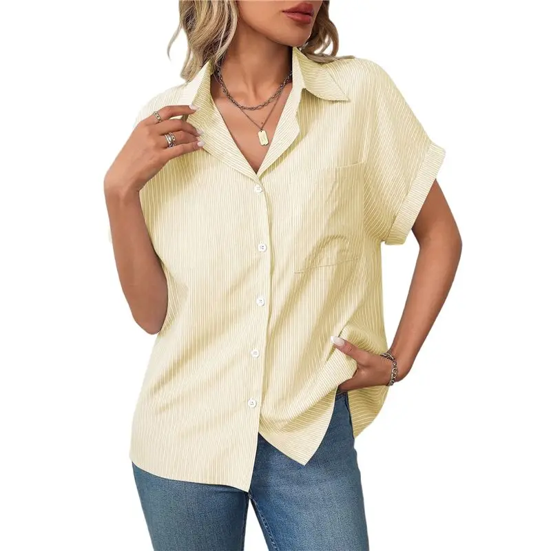

CYL-Women's Loose Short Sleeve Pocket Casual Striped Shirt